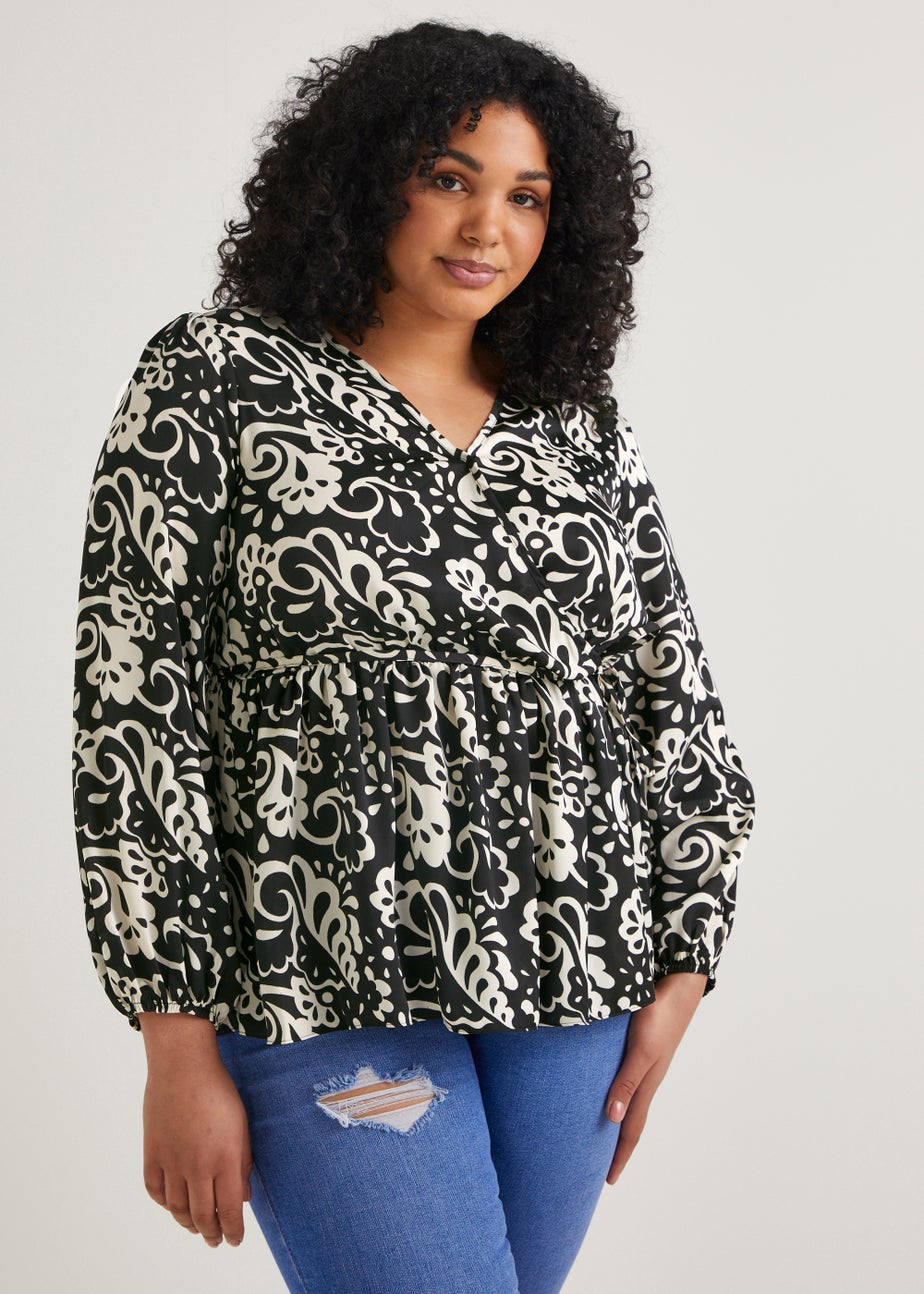Papaya Curve Black & White Print Wrap Satin Blouse