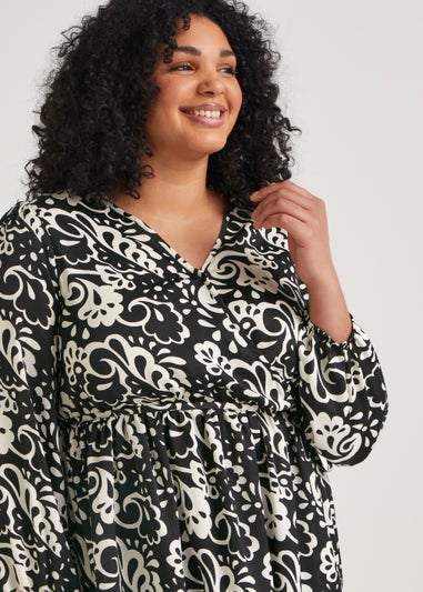 Papaya Curve Black & White Print Wrap Satin Blouse