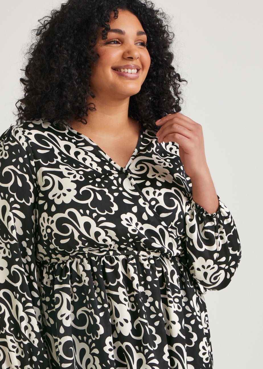 Papaya Curve Black & White Print Wrap Satin Blouse