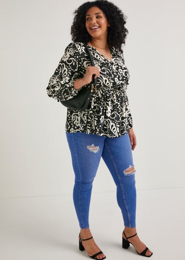 Papaya Curve Black & White Print Wrap Satin Blouse