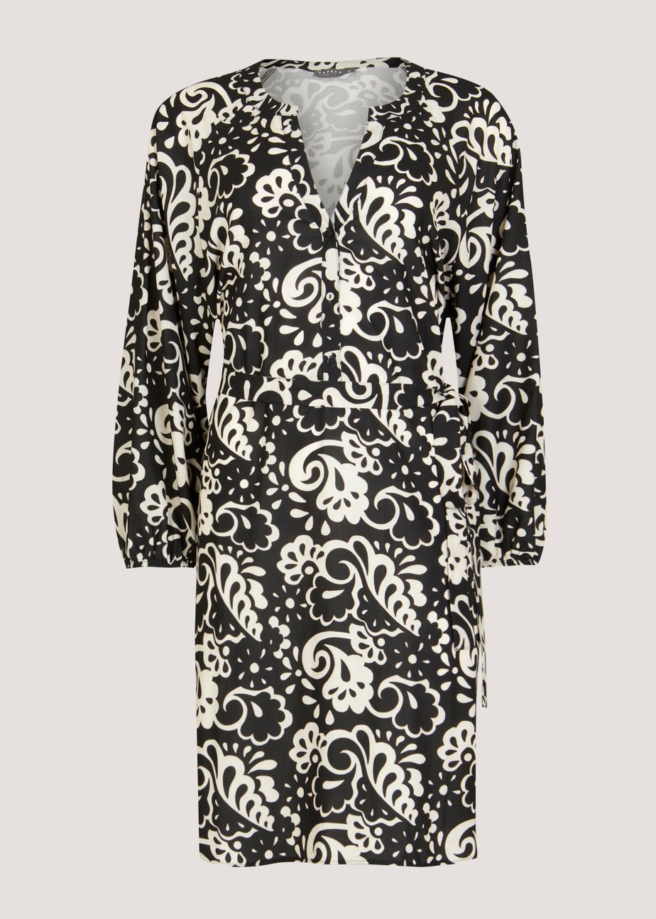 Papaya Curve Black & White Print Belted Shirt Dress