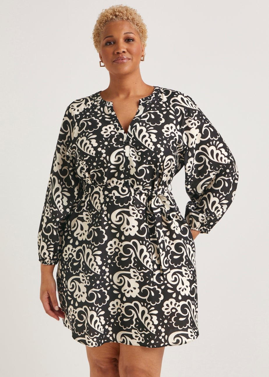 Papaya Curve Black & White Print Belted Shirt Dress