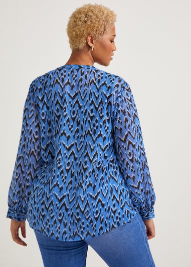 Papaya Curve Blue Print Button Up Chiffon Blouse