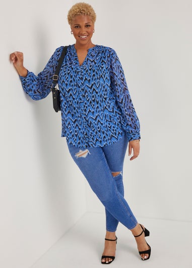 Papaya Curve Blue Print Button Up Chiffon Blouse