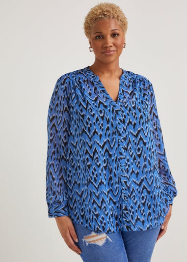 Papaya Curve Blue Print Button Up Chiffon Blouse