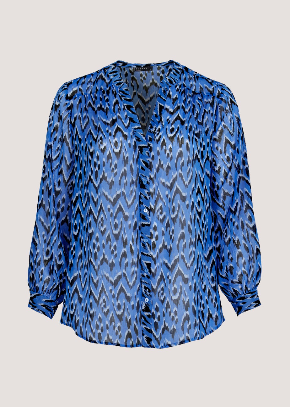 Papaya Curve Blue Print Button Up Chiffon Blouse