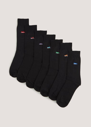 7 Pack Black Embroidered Socks