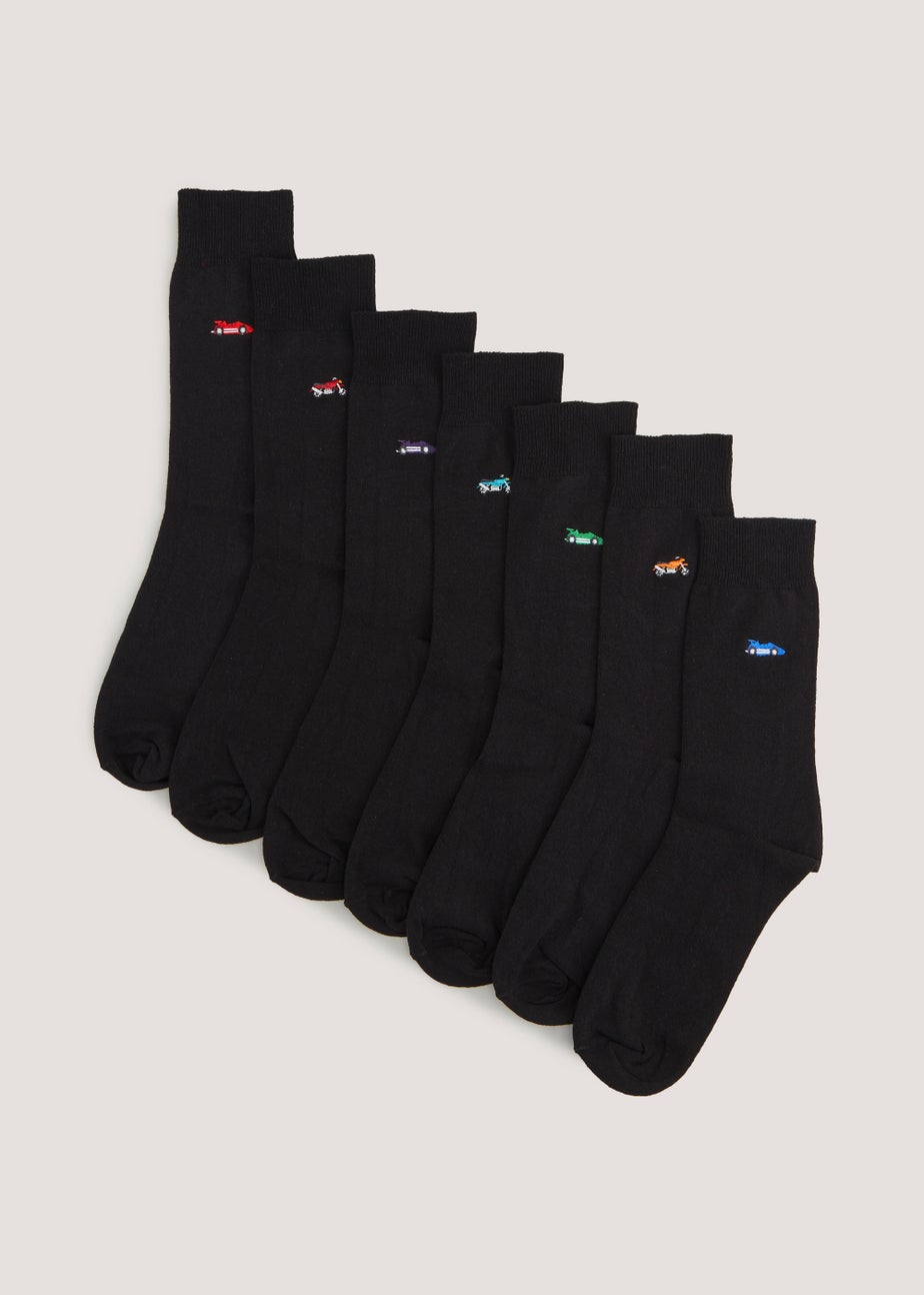 7 Pack Black Embroidered Socks