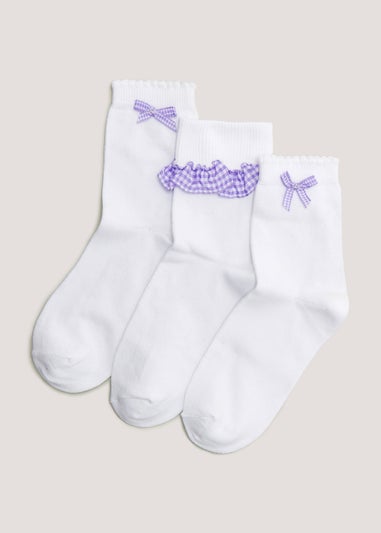 Girls 3 Pack White & Lilac Gingham Socks (Younger 6-Older 5.5)