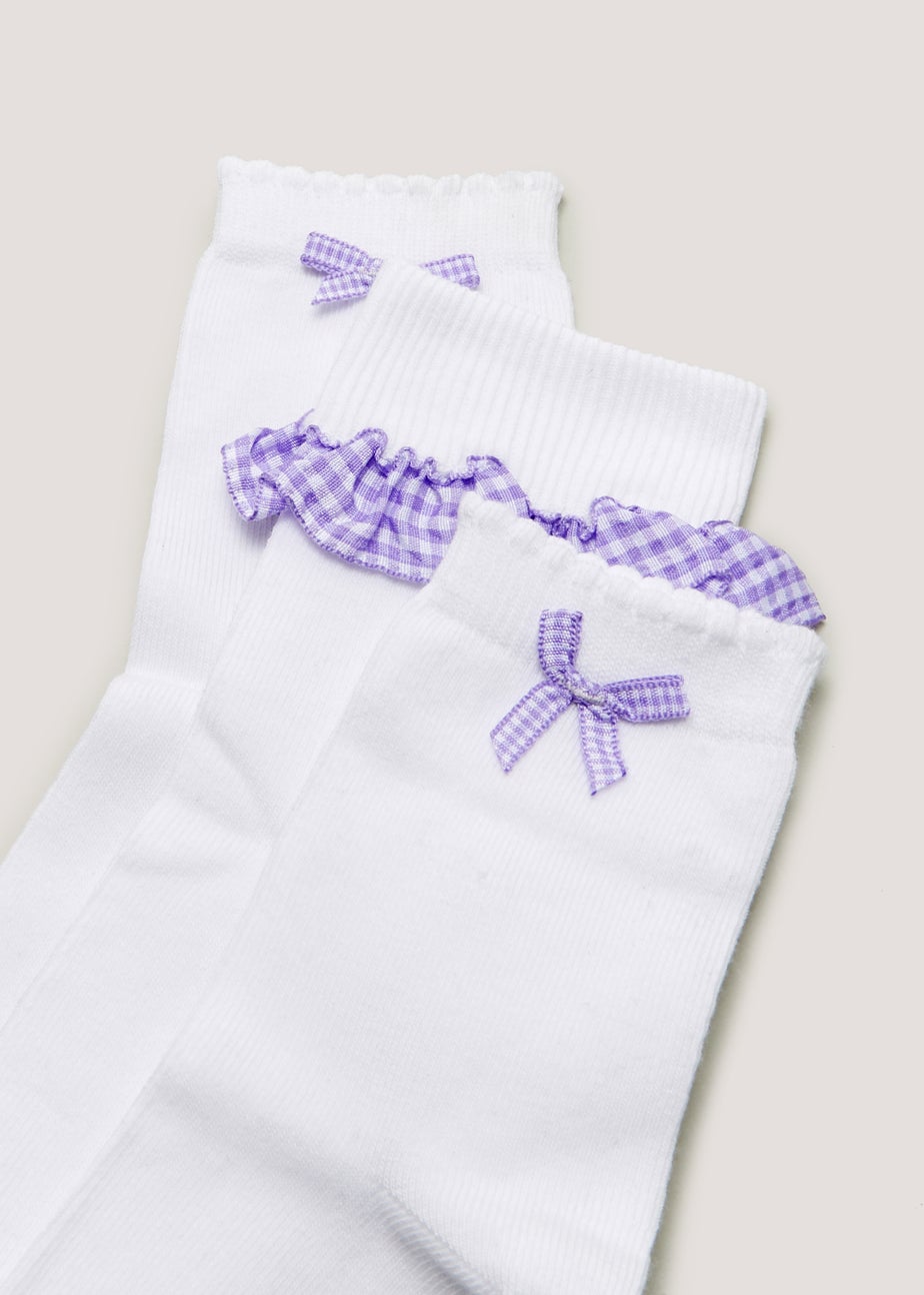 Girls 3 Pack White & Lilac Gingham Socks (Younger 6-Older 5.5)