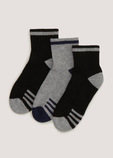 Kids 3 Pack Black & Grey Sports Socks (Younger 6-Older 6.5)