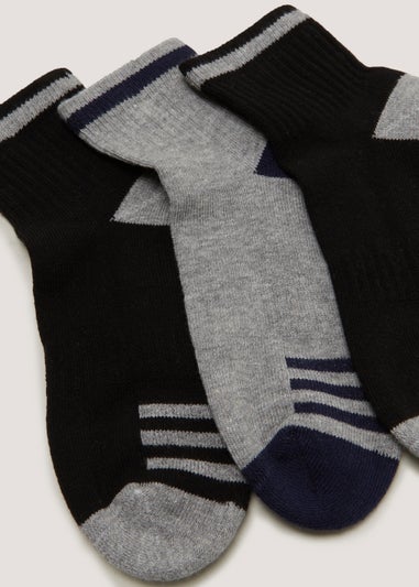 Kids 3 Pack Black & Grey Sports Socks (Younger 6-Older 6.5)