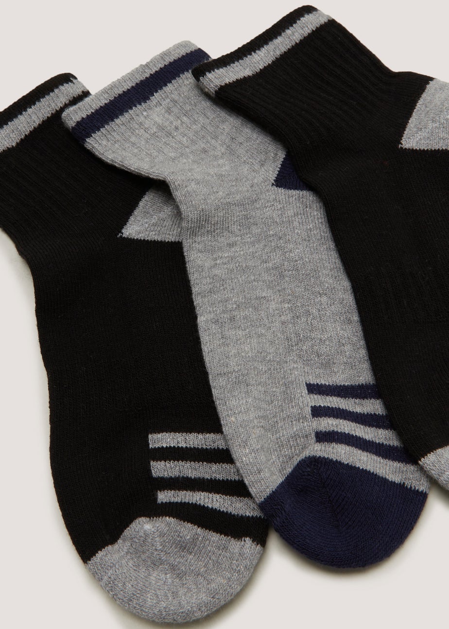 Kids 3 Pack Black & Grey Sports Socks (Younger 6-Older 6.5)