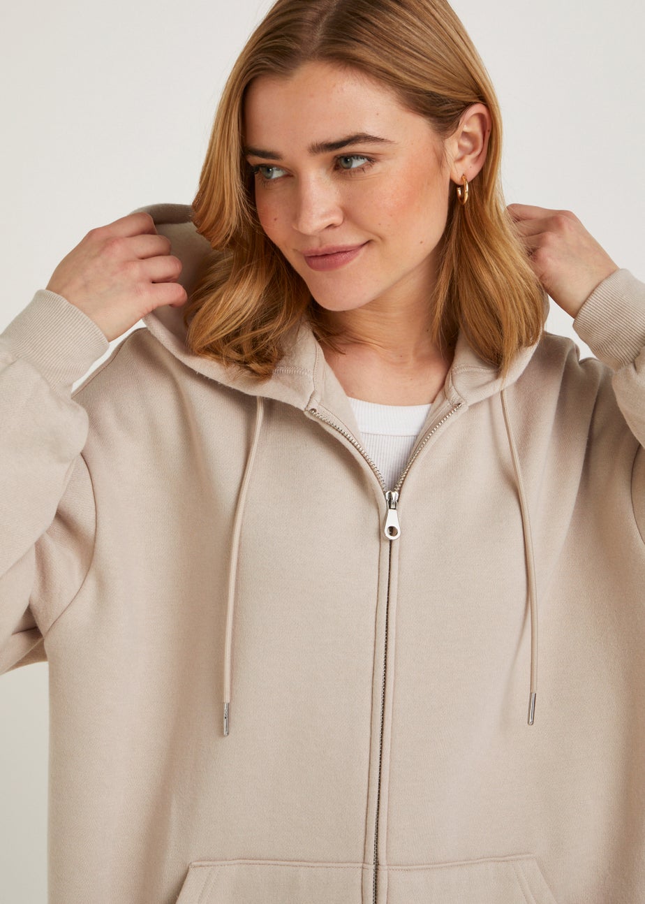 Stone Longline Zip Up Hoodie