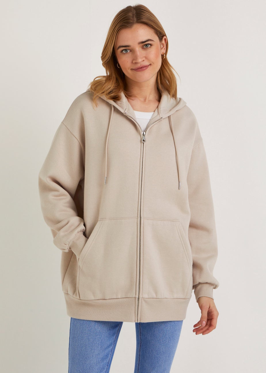 Stone Longline Zip Up Hoodie