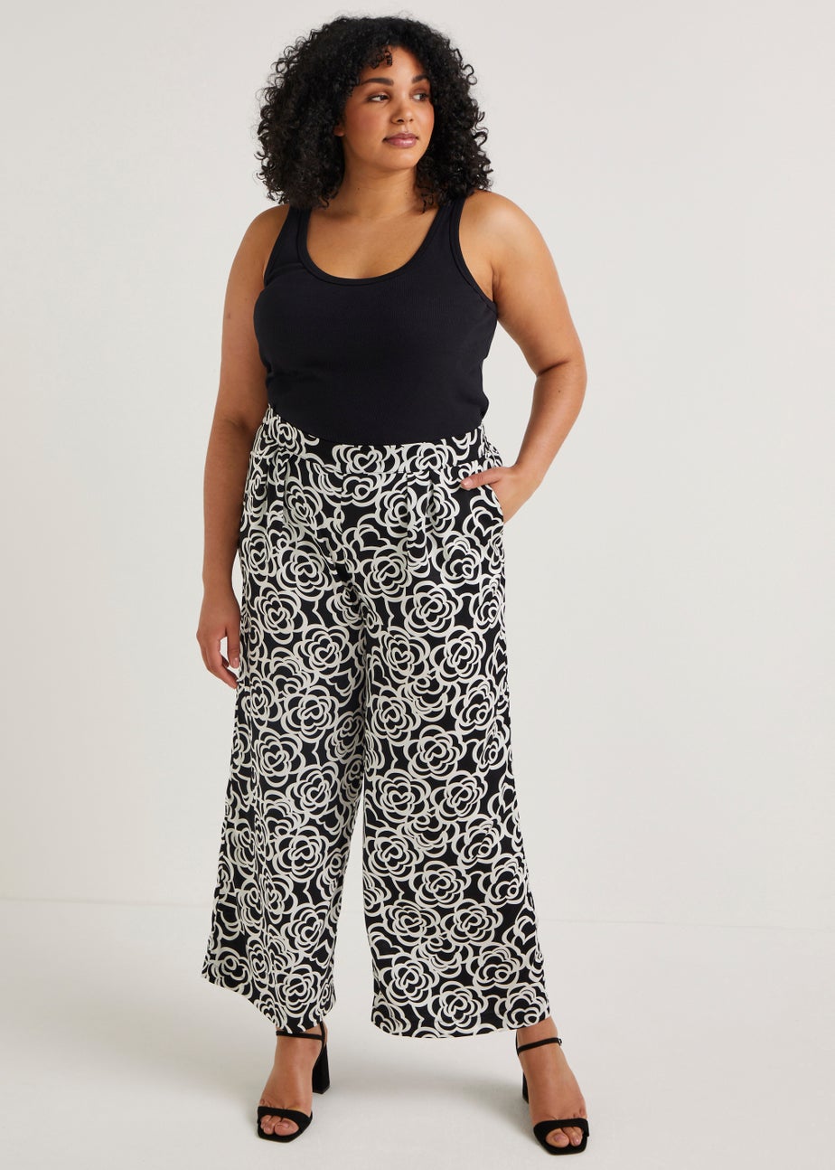 Papaya Curve Monochrome Floral Wide Leg Satin Trousers