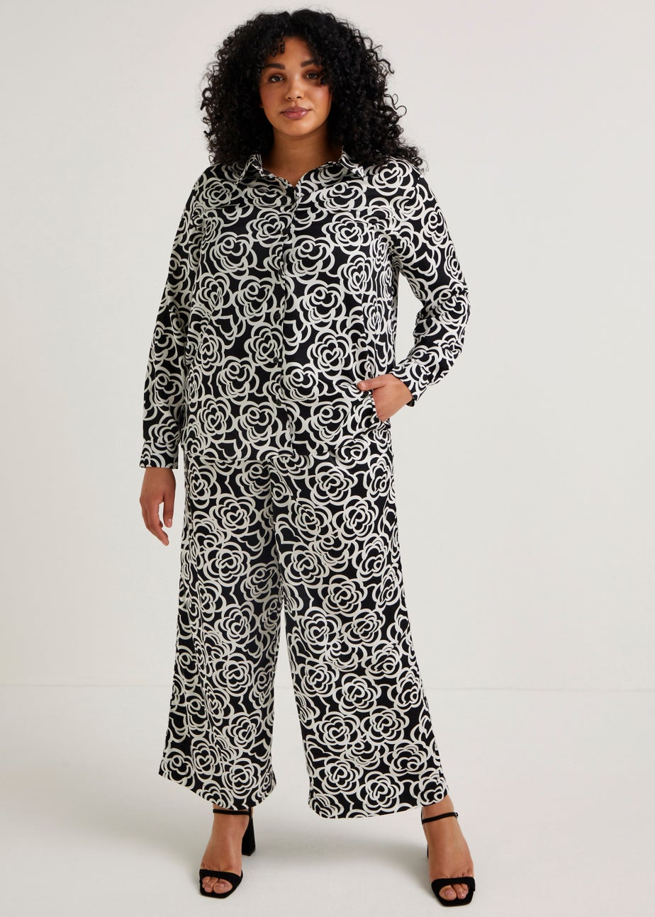 Papaya Curve Monochrome Floral Wide Leg Satin Trousers