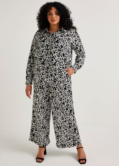 Papaya Curve Monochrome Floral Wide Leg Satin Trousers