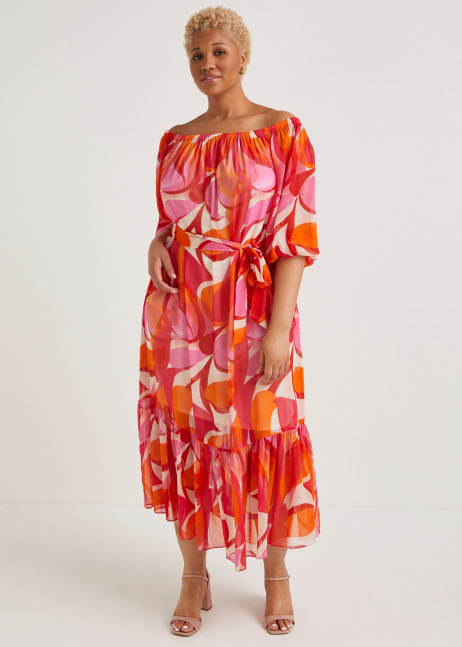 Papaya Curve Red Chiffon Bardot Dress