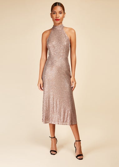Little Mistress Gold Sequin Halter Neck Dress