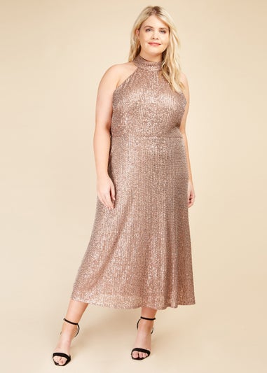 Little Mistress Gold Sequin Halter Neck Dress