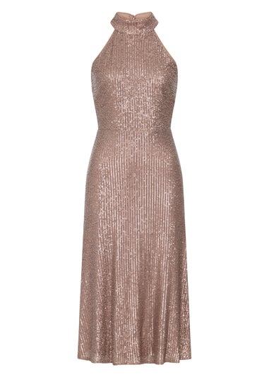 Little Mistress Gold Sequin Halter Neck Dress