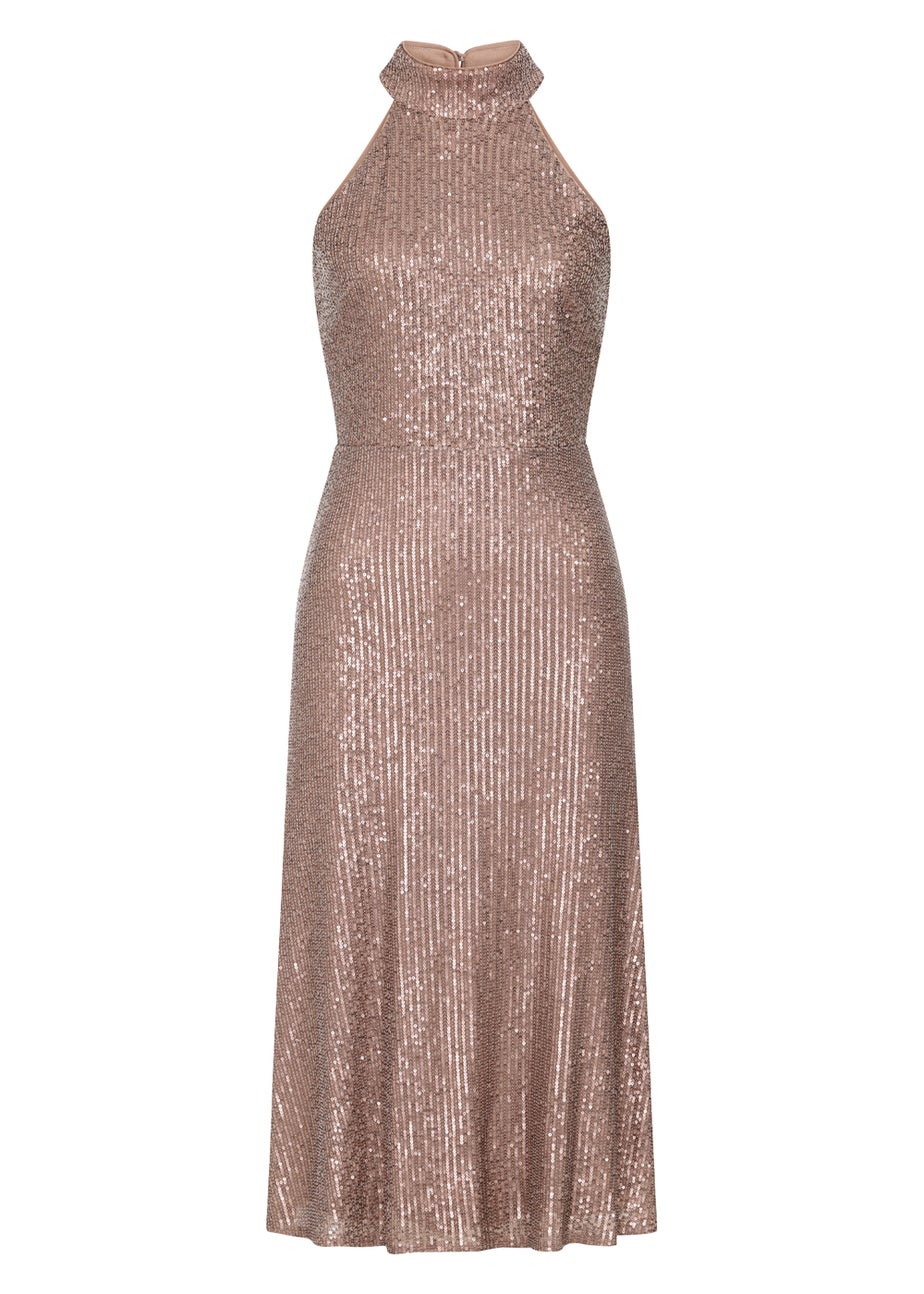 Little Mistress Gold Sequin Halter Neck Dress