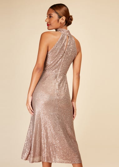 Little Mistress Gold Sequin Halter Neck Dress