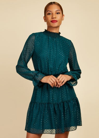 Little Mistress Green Metallic Dobby Chiffon Mini Dress