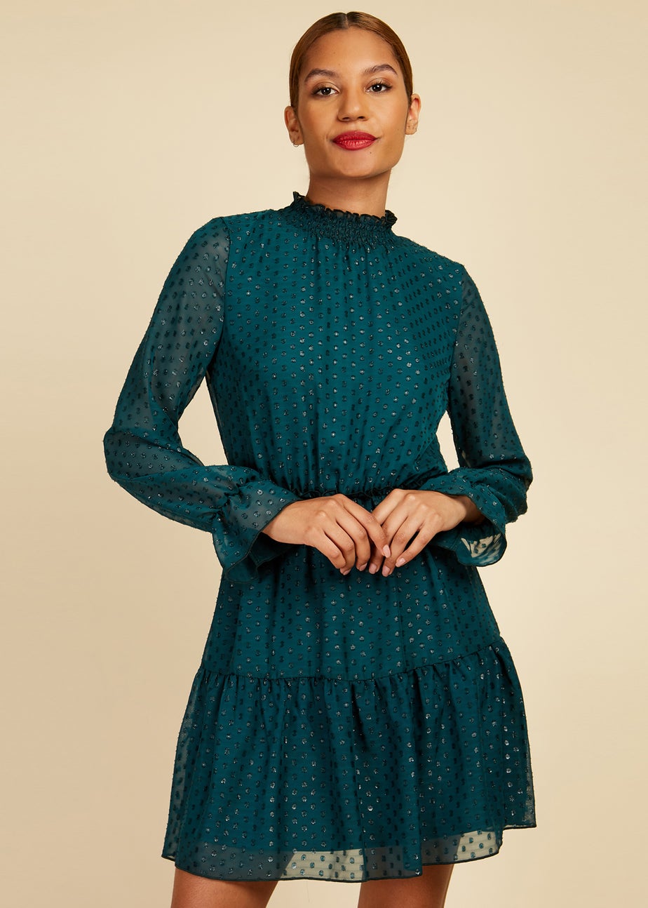 Little Mistress Green Metallic Dobby Chiffon Mini Dress