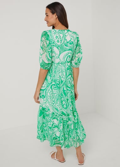 Green Paisley Chiffon Midi Dress