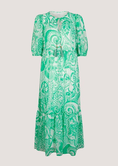 Green Paisley Chiffon Midi Dress
