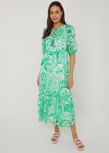 Green Paisley Chiffon Midi Dress