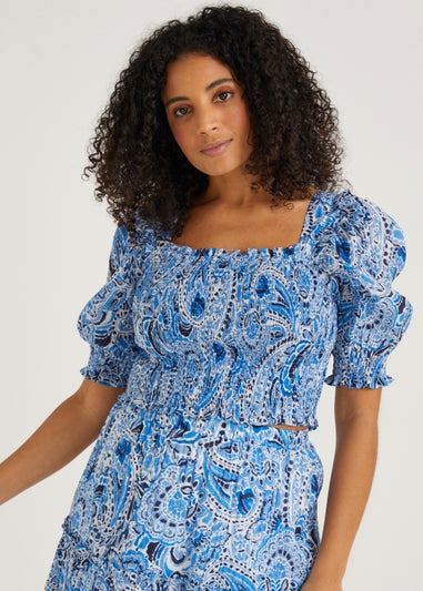 Blue Paisley Shirred Co-Ord Crop Top