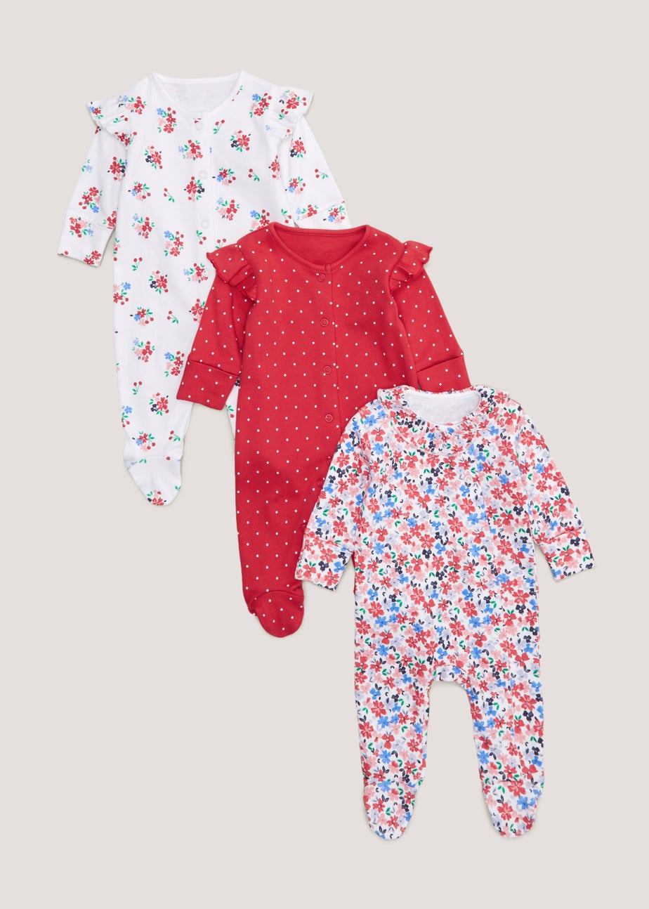 Baby Pack Red Floral Sleepsuits (Tiny Baby-18mths) Matalan