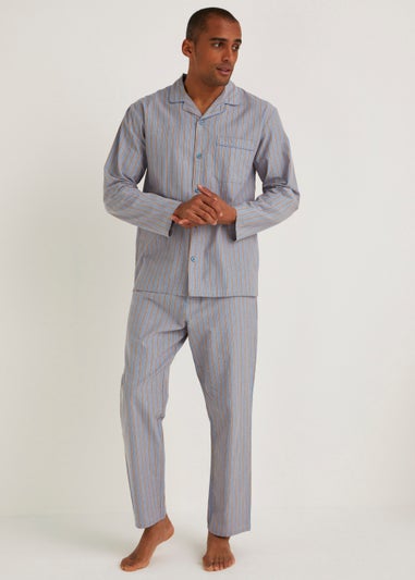 Blue Stripe Woven Button Up Pyjama Set