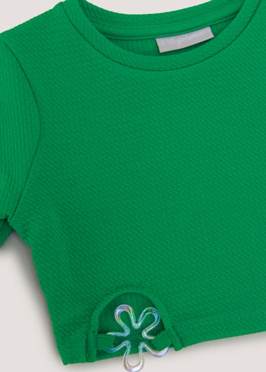 Girls Green Flower Long Sleeve Crop Top (4-13yrs)