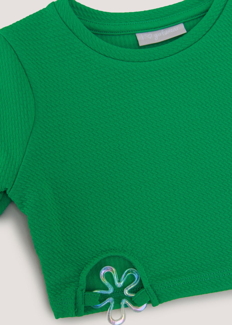 Girls Green Flower Long Sleeve Crop Top (4-13yrs)