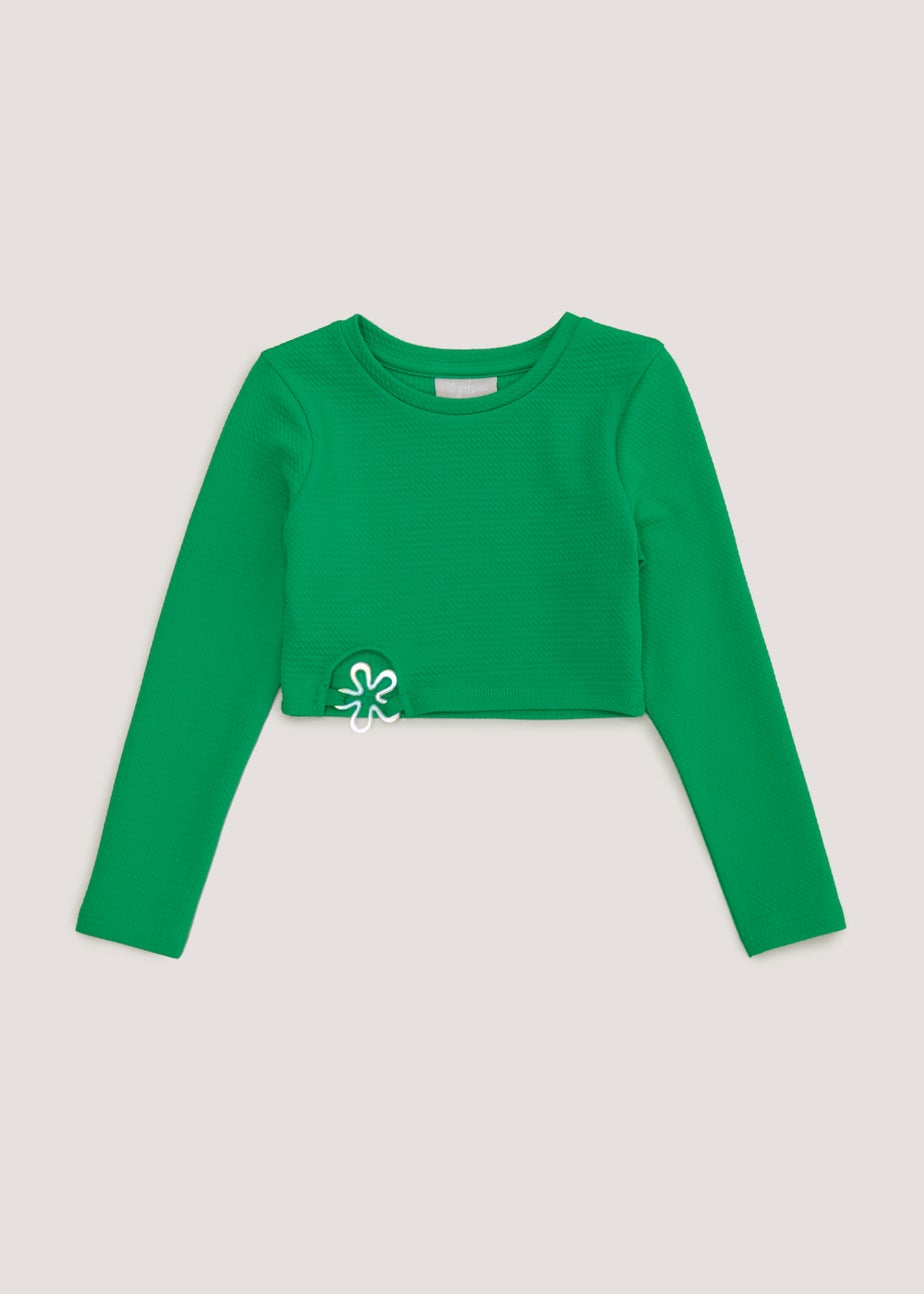 Girls Green Flower Long Sleeve Crop Top (4-13yrs)
