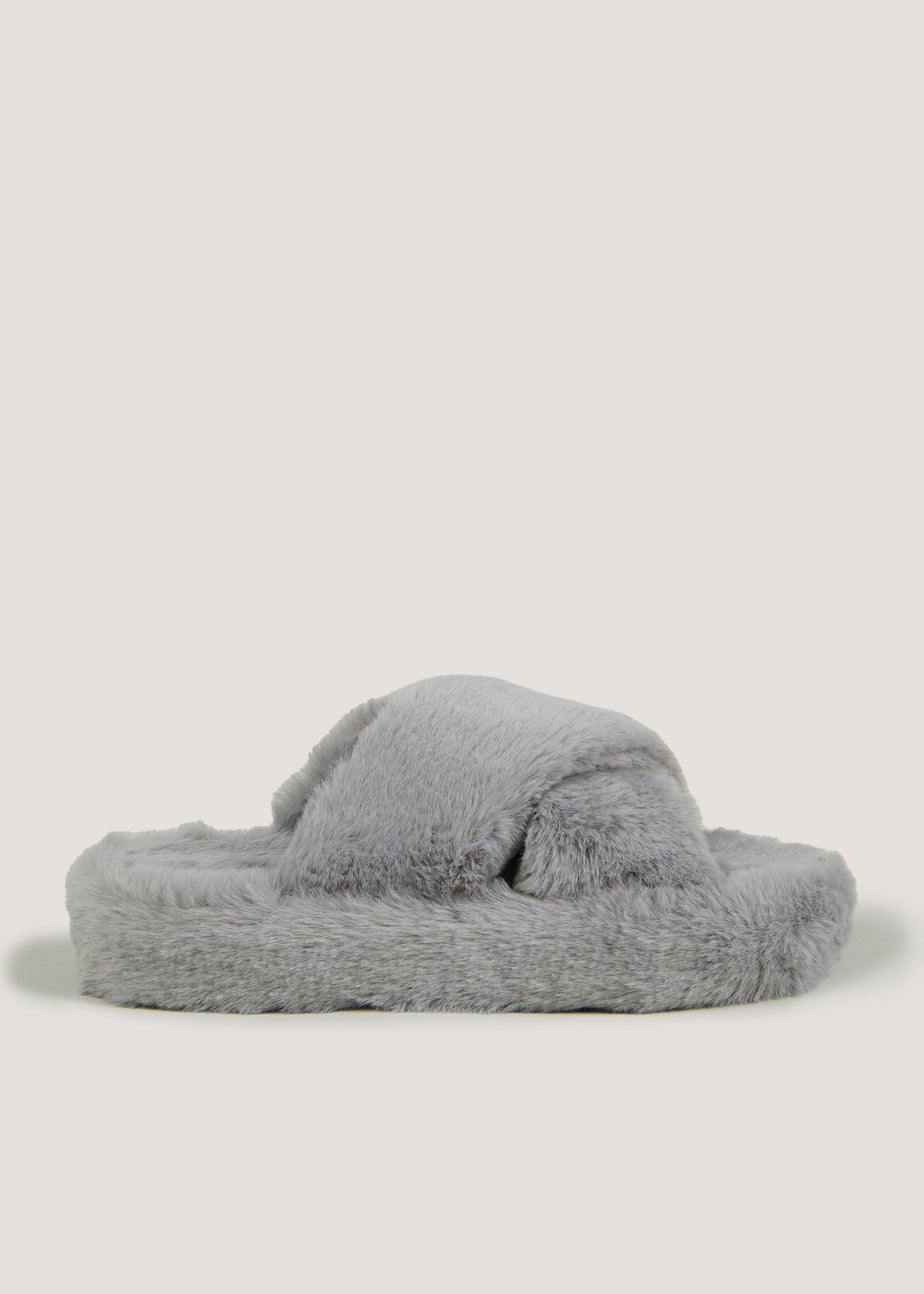 Grey Platform Cross Strap Slippers