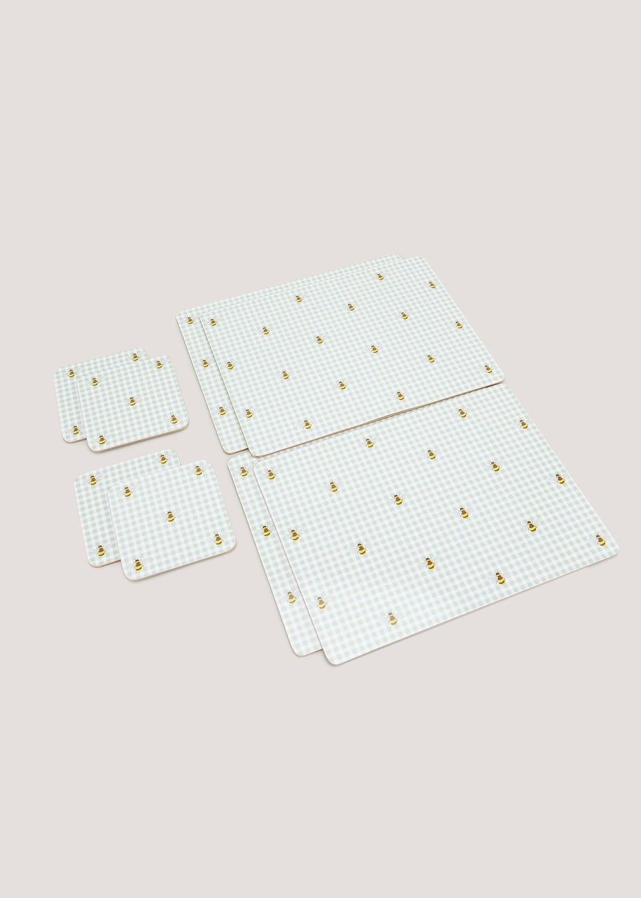 8 Pack Green Bee Gingham Print Placemat & Coaster Set