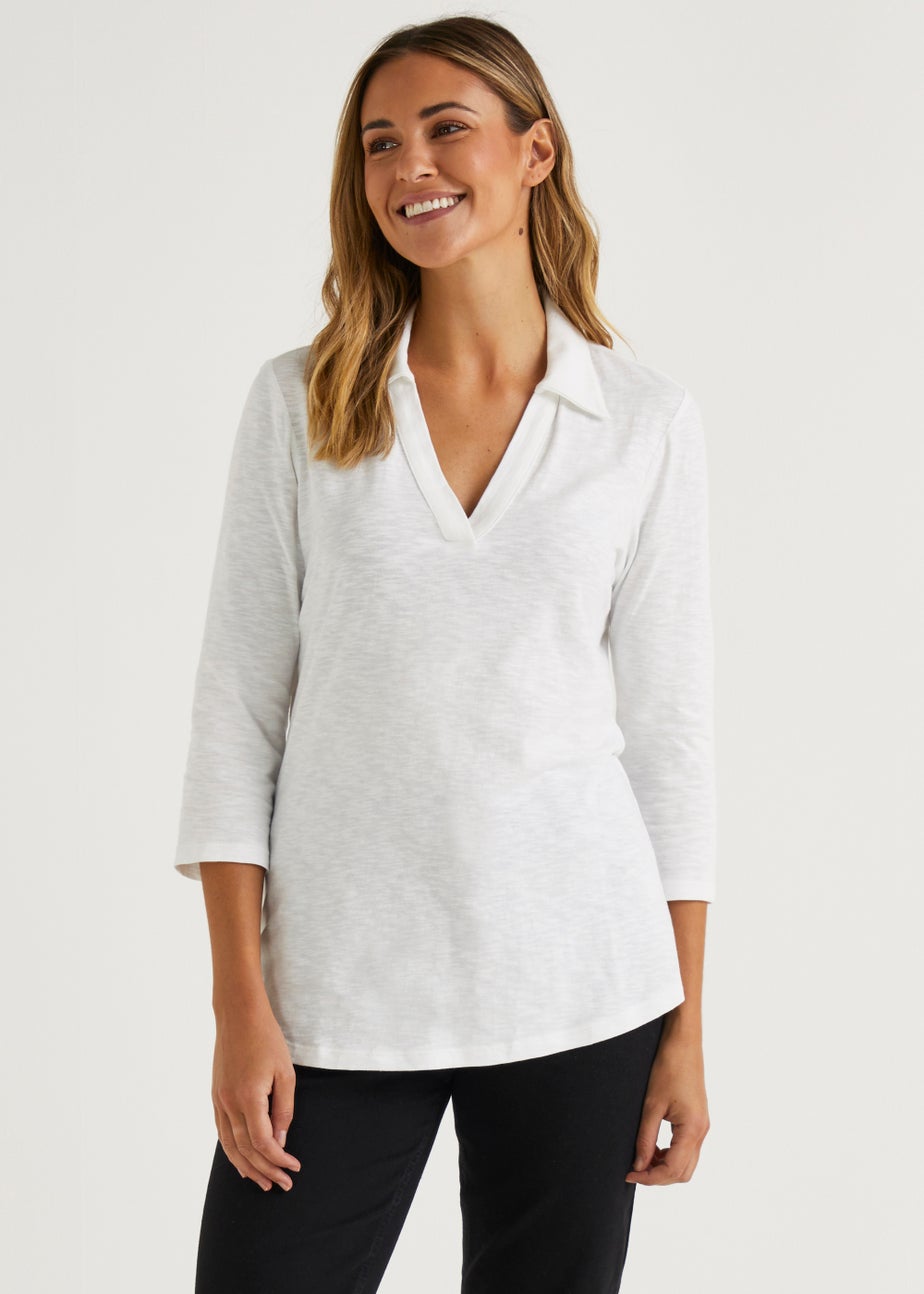 White 3/4 Sleeve Polo Top