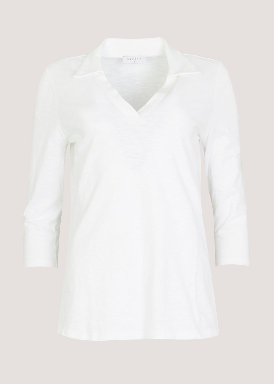 White 3/4 Sleeve Polo Top