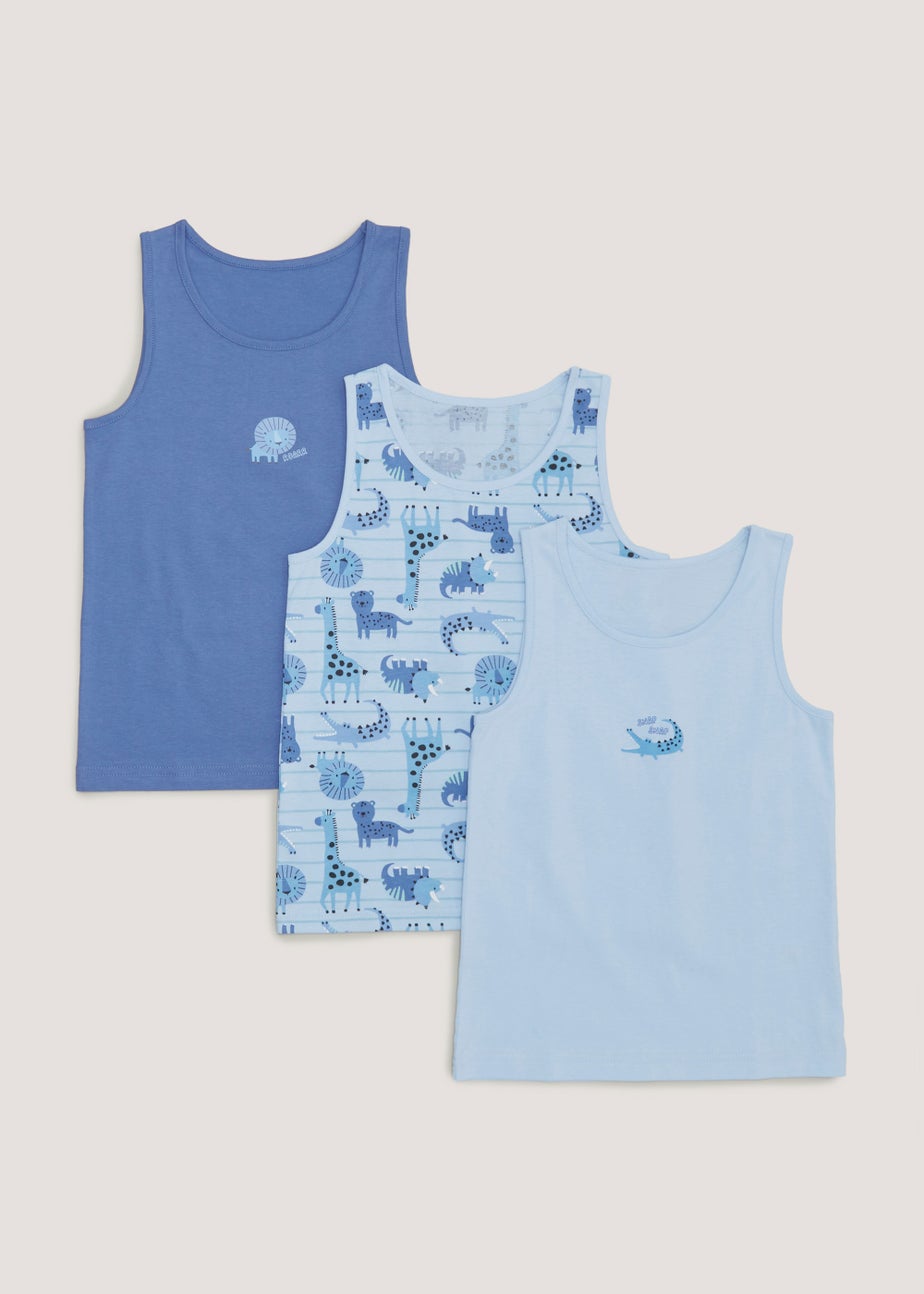 Boys 3 Pack Blue Animal Vest Tops (2-9yrs)