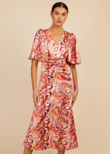 Little Mistress Marble Satin Shirred Midi Dress