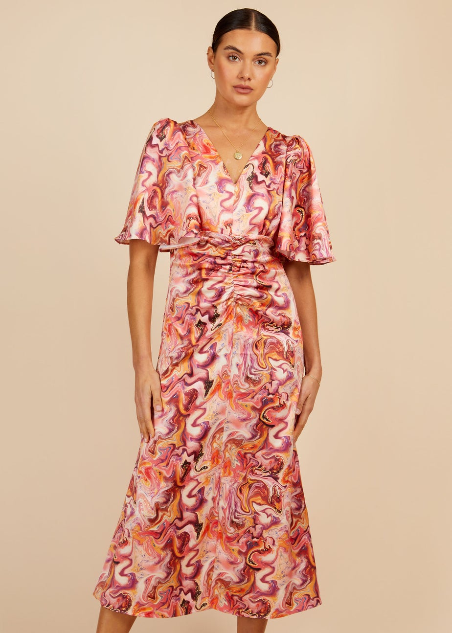 Little Mistress Marble Satin Shirred Midi Dress