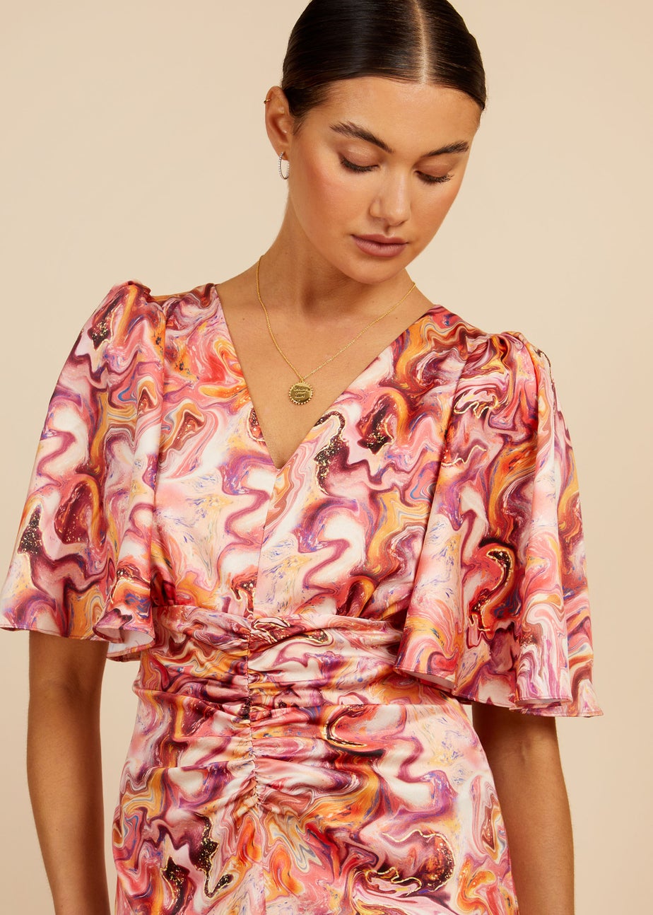 Little Mistress Marble Satin Shirred Midi Dress