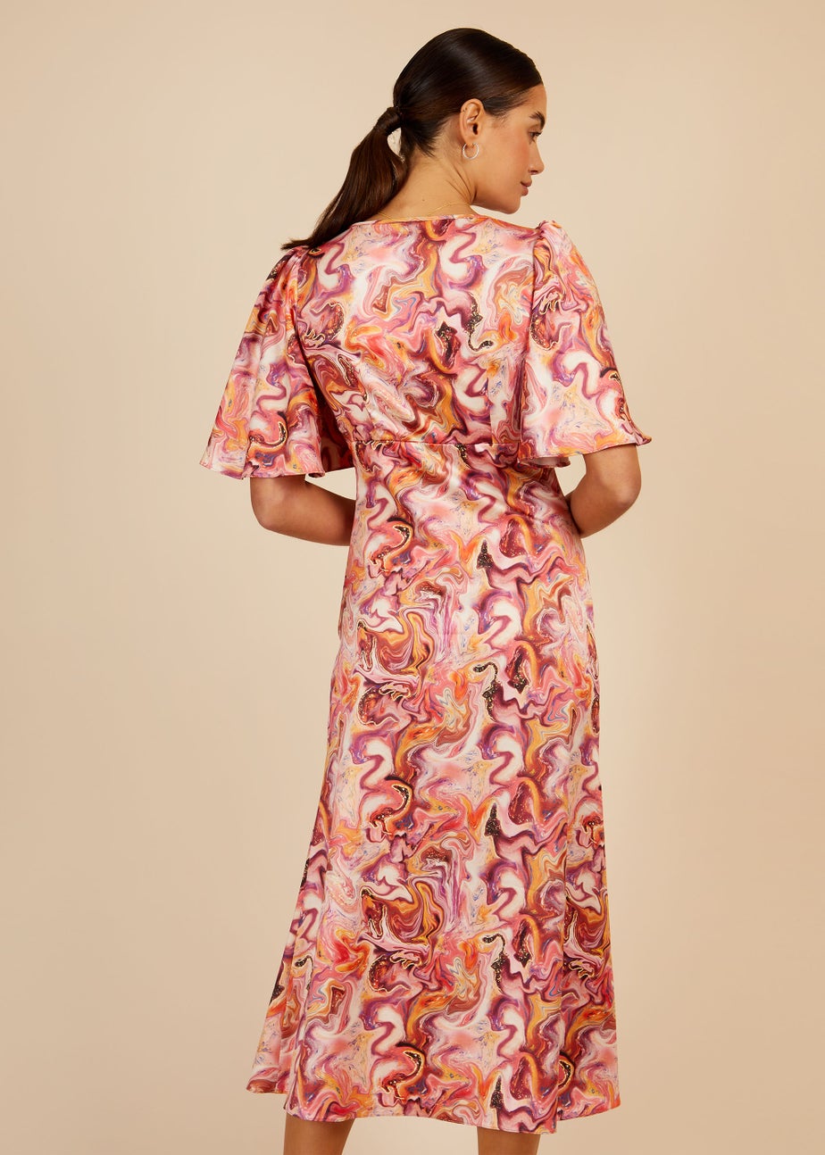 Little Mistress Marble Satin Shirred Midi Dress