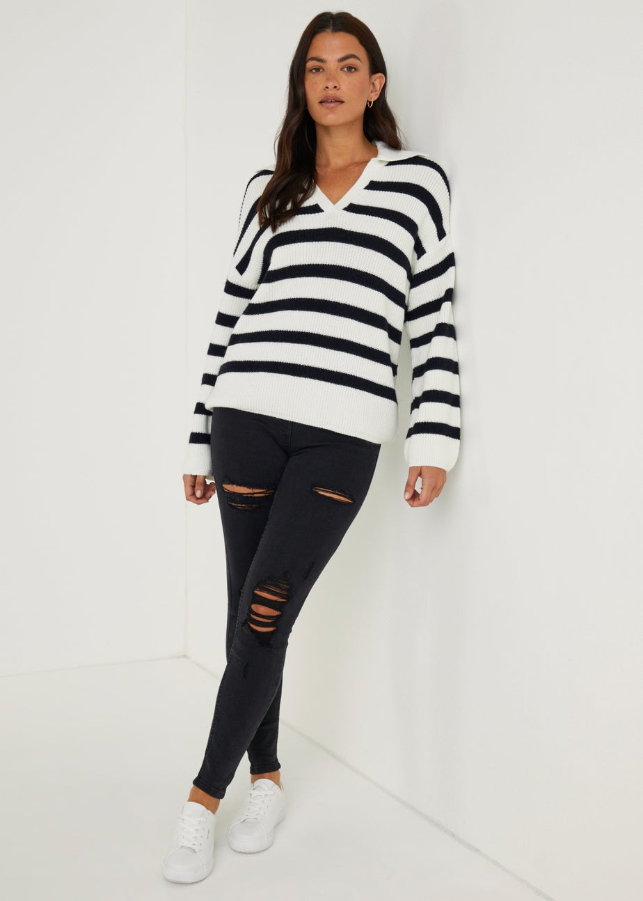 Cream Stripe Collar Wide Sleeve Jumper