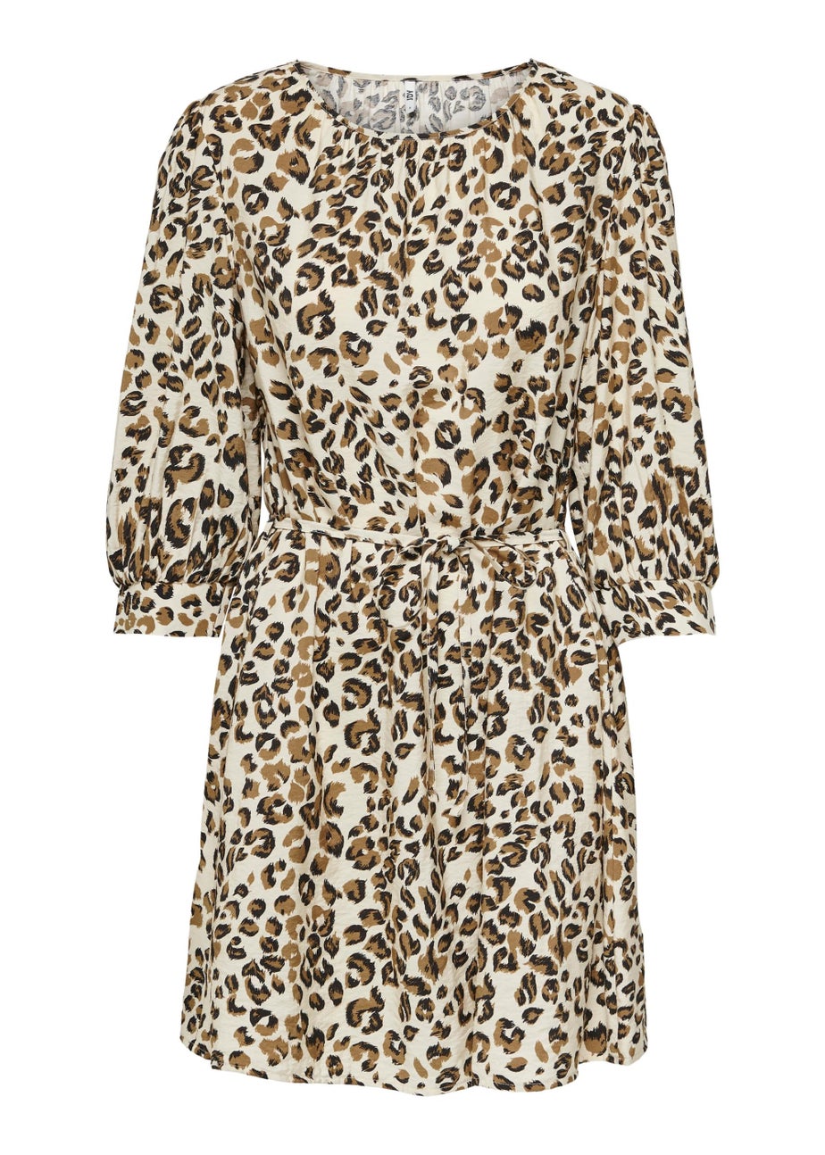 JDY Ava Beige Animal Print 3/4 Sleeve Mini Dress